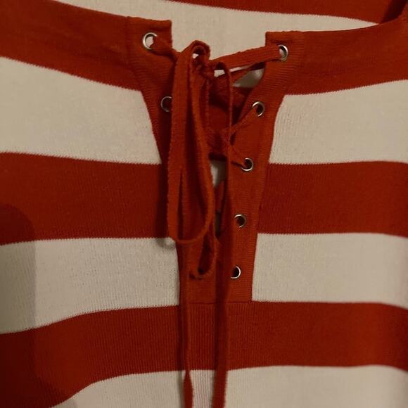 Kenar Cream Lace Up Tie Front Stripe Lightweight Career Sweater Size Small - Picture 3 of 5